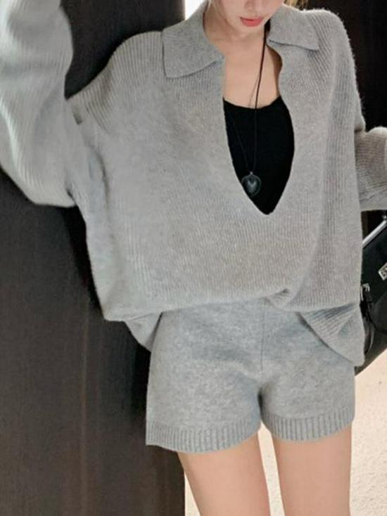 Korean V-neck Knit Cardigan & Shorts Set - 2025 Autumn/Winter Casual Loose Two-Piece Outfit