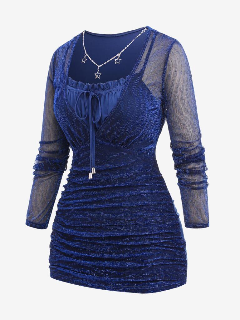 Rosegal Plus Size Star Chain Panel Ruffle Tie Ruched Glitter Mesh T-shirt