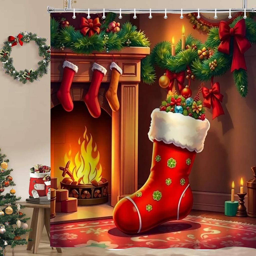 Christmas Tree Stocking Bells Print Bathing Curtain  Bathroom Shower Curtain With 12 Hooks Bathroom Home Decor and Accessories