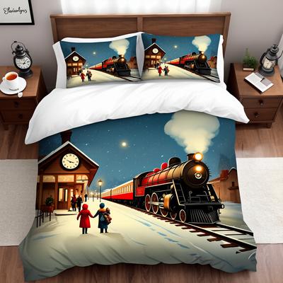 3-teiliges Vintage Reise Weihnachten Bettwäsche-Set Polyester Abenteuerkarte Druck Bettbezug Queen-Size für Erwachsenen Schlafzimmer Einzigartig Retro Ho