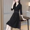 Spring, Summer and Autumn Waist V-neck Slim New French Retro Dress Temperament Dress Small Black Dress