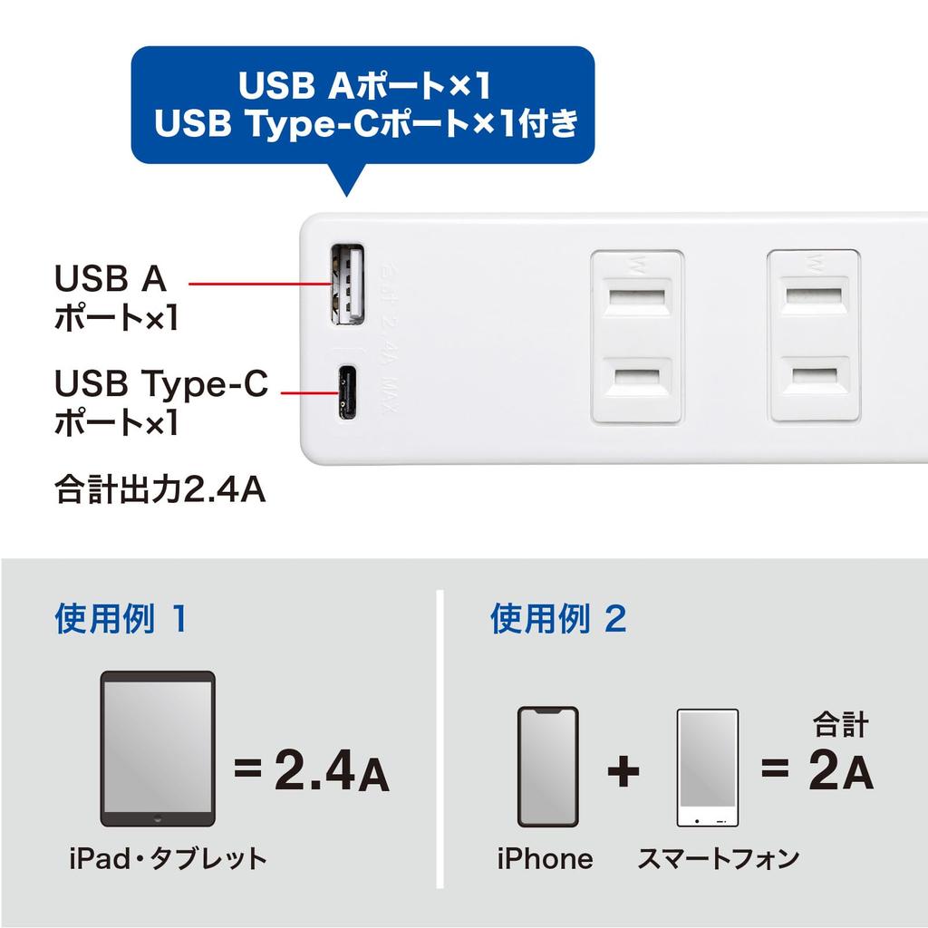 Sanwa Supply USB charging power strip with port 2 2m Type-C (2-prong, outlets, cable) TAP-B101UC-2W