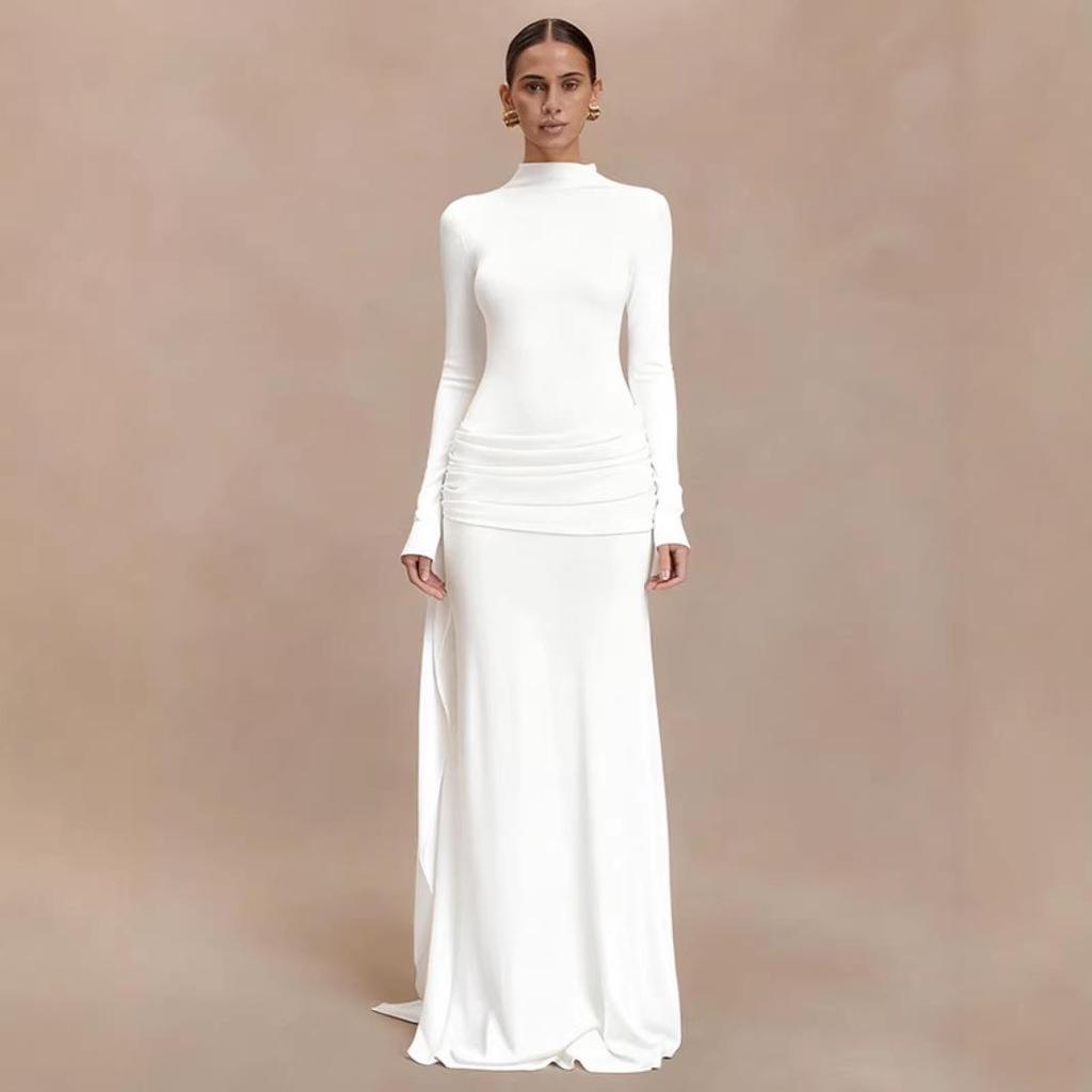 Elegant European Slim Fit Bodycon Dress - Autumn/Winter Collection, Solid Color, Pleated, Flowy, Belted Design