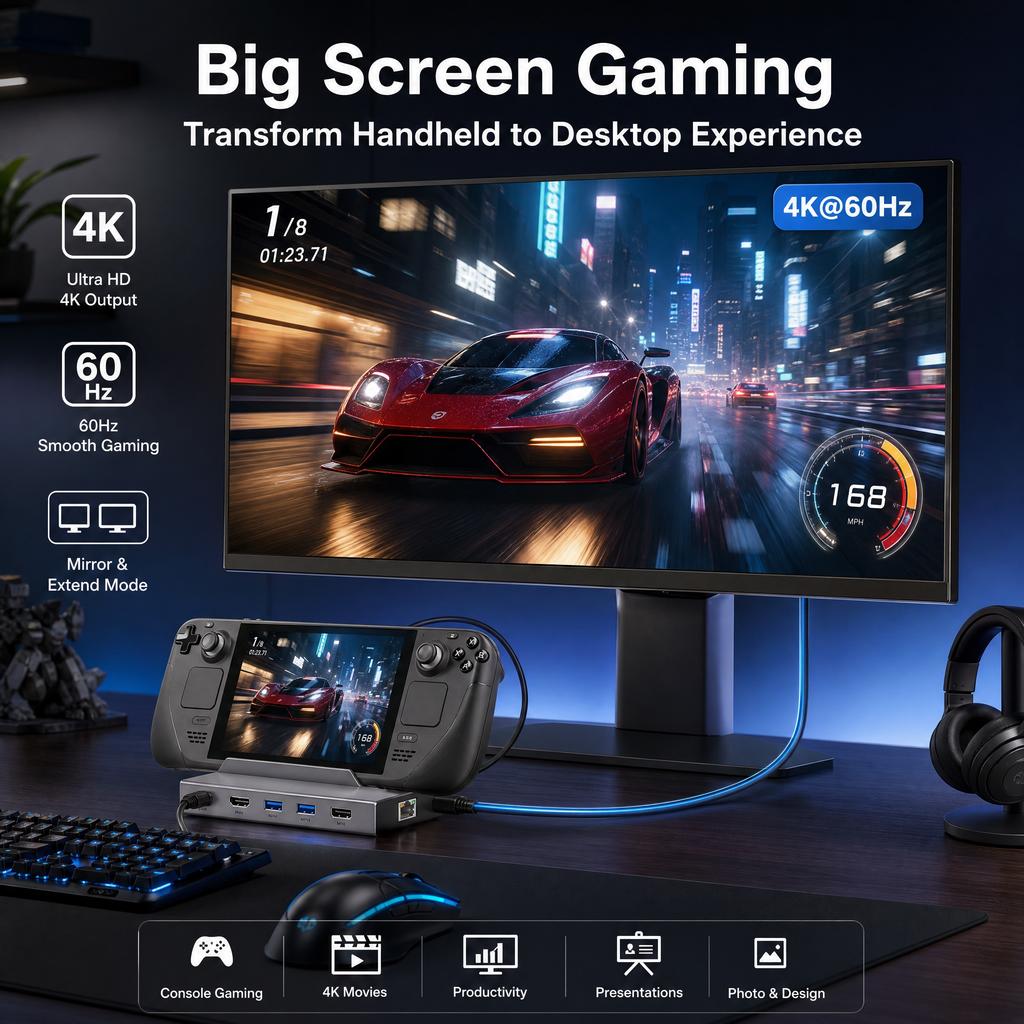 Type C 7in1 Hub M.2 SSD Dock Stand for Steam Deck Nintendo Switch 4K60Hz Gigabit LAN 100W PD Charging Docking Station