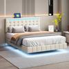 Bed 140x200cm LED Lighting, Adjustable Headboard, Upholstered Bed Slatted Frame Adult & Youth, Linen Fabric Beige (Without Mattress)