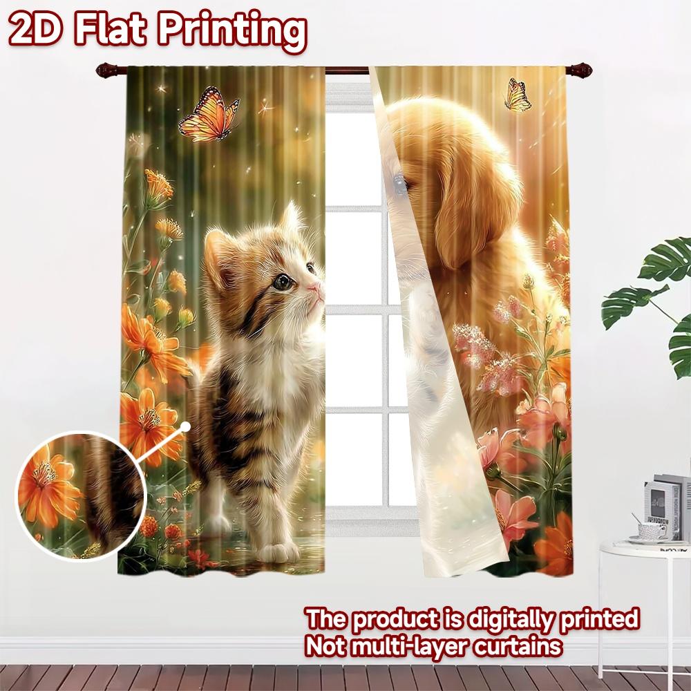 2D flat printing 2pcs Curtain Curtains Spring Puppy and Kitten Digital Printed Polyester Drapes Festive Curtains Use for Holiday