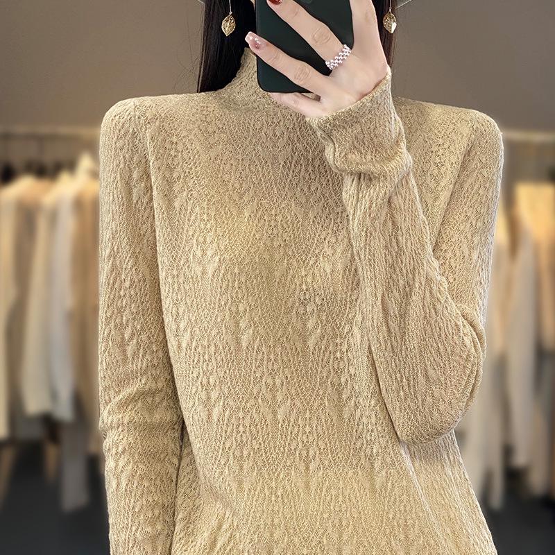 2025 Spring Worsted Wool Knit Sweater: Half-High Neck, Long Sleeve, Floral Hollow Design Pullover