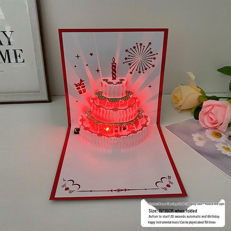 Carte pop-up Gâteau d'anniversaire musical 3D avec lumières colorées et enregistrement