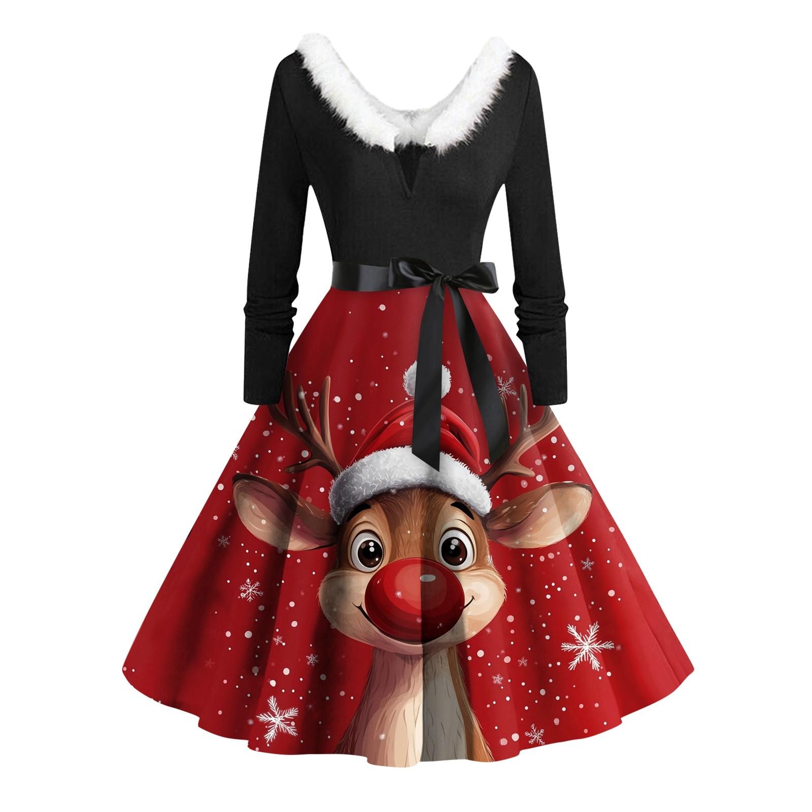 

Женское винтажное платье с длинным рукавом и рождественским принтом в стиле 1950-х годов для вечеринки, выпускного вечера, для домохозяйки XXXL красный