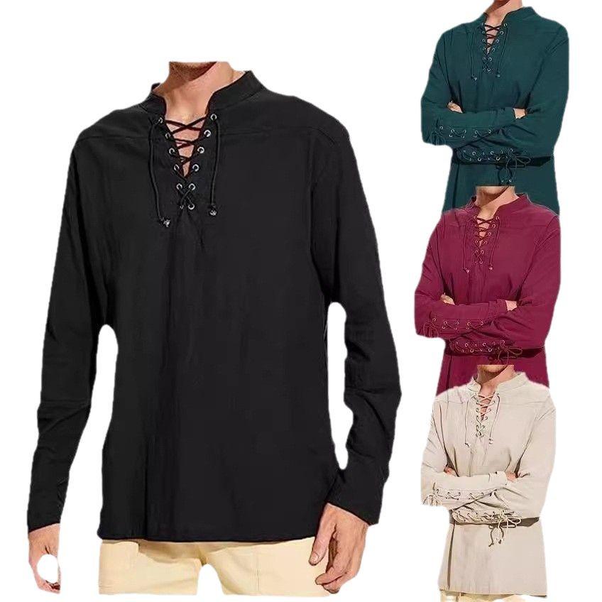 Men's 2023 Cotton Linen Long Sleeve Henley Shirt - Stand Collar, Casual Beach Style, European Size.