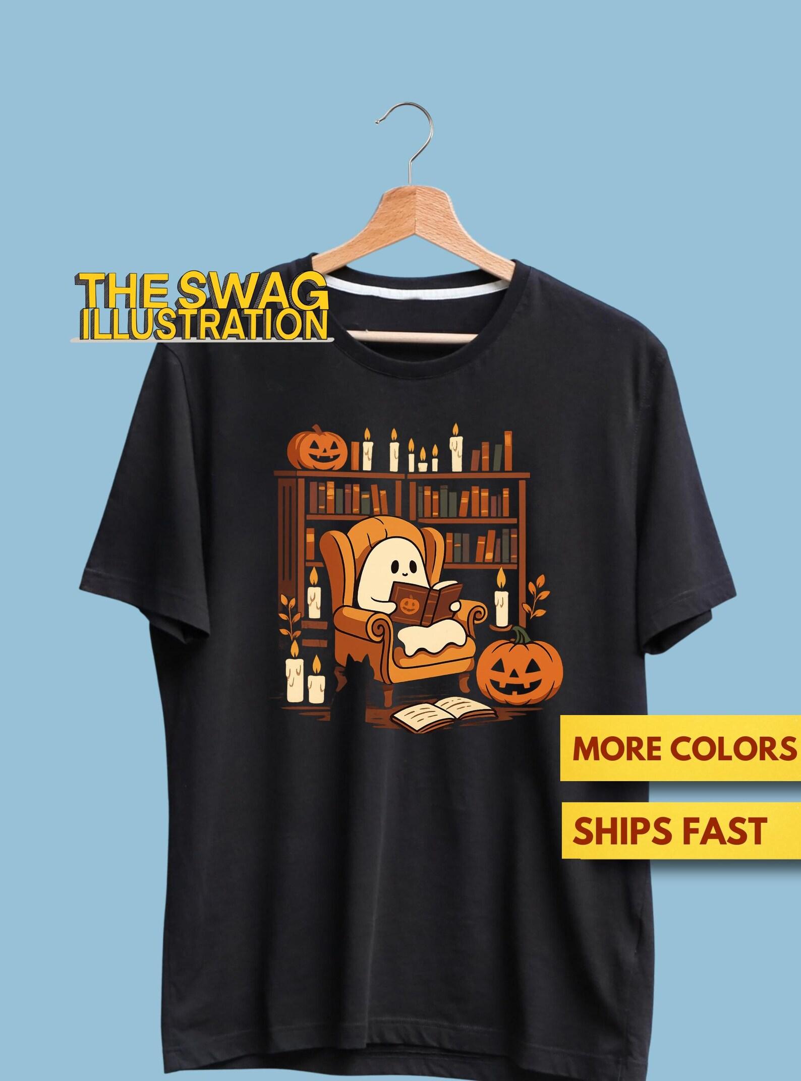 Halloween Shirt, Retro Style Ghost Reading Books Shirt, Librarian, Book Nerd, Book Worm, Book Lovers Halloween Gift Premium Tee 3XL