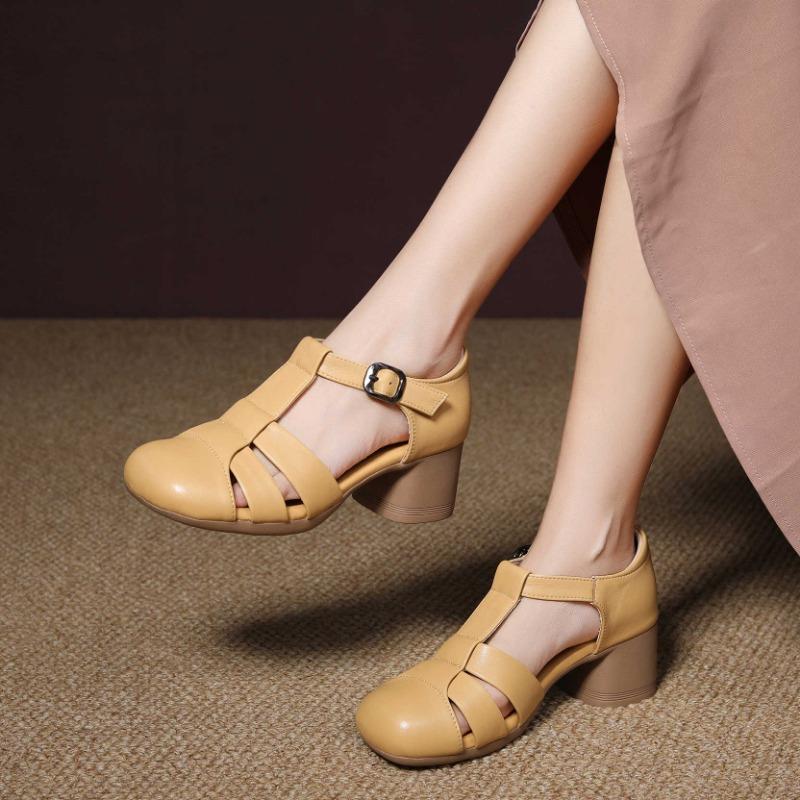 New summer first layer cowhide sandals women's retro sandals with skirt thick heel pig cage shoes