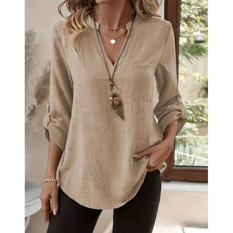 Spring/Summer 2026 European & American Women's Plus Size V-Neck Solid Color Casual Loose Shirt
