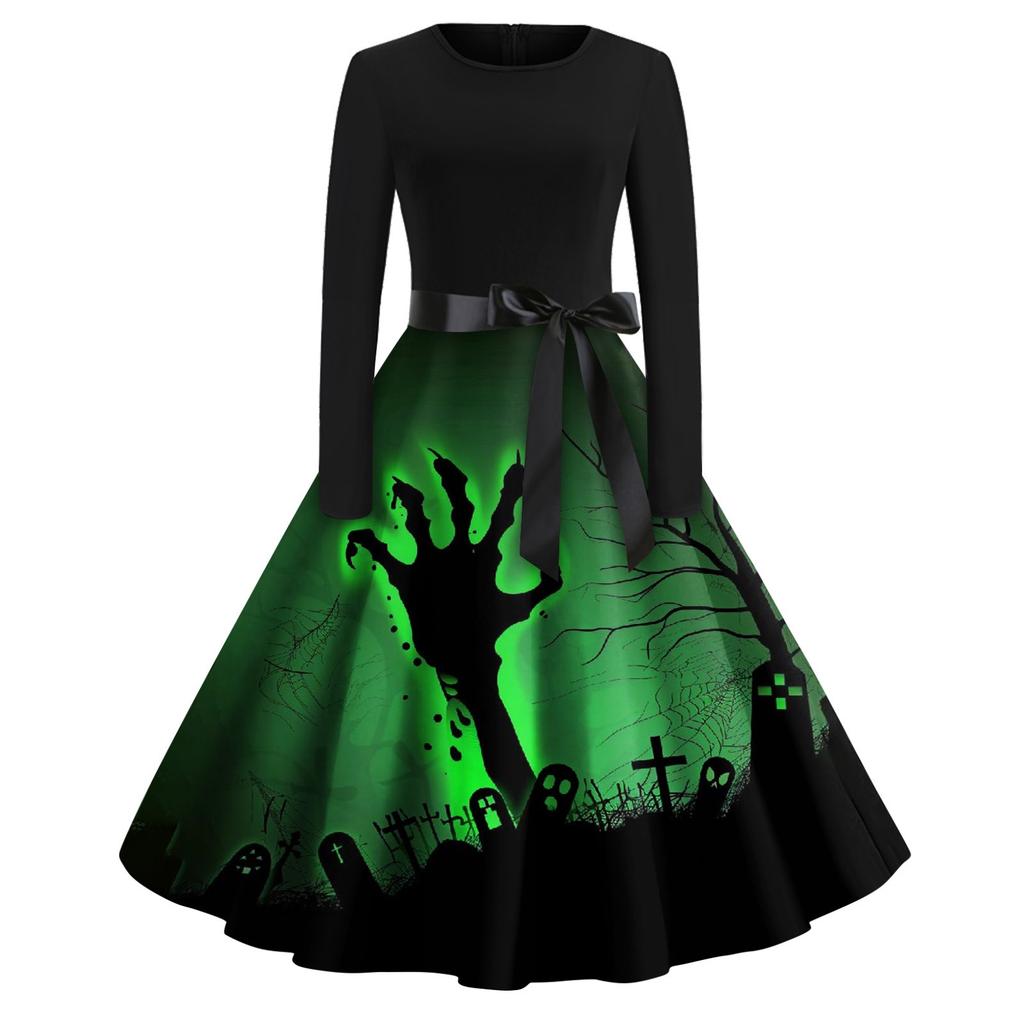 Dámské módní šaty s V-výstřihem, ležérního střihu, slim fit, s halloweenským potiskem, s dlouhým rukávem