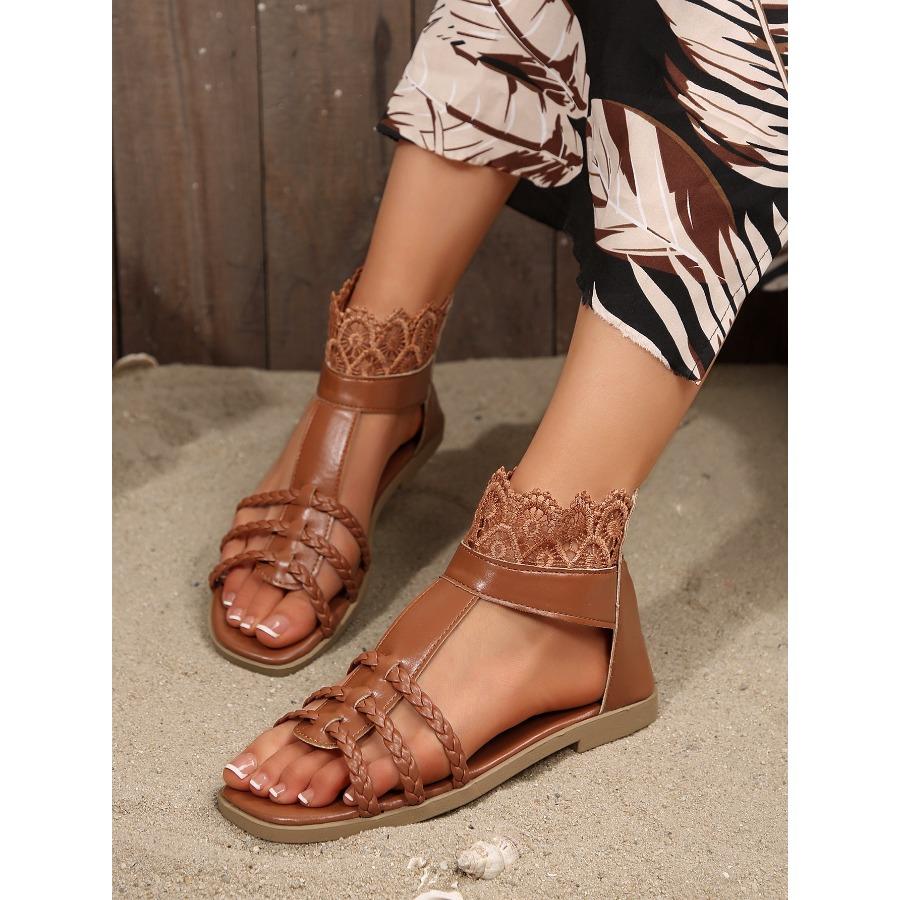 Plus Size 2025 Spring/Summer New Arrival Roman Bohemian-Style Woven Back Zipper Lace Flat Sandals