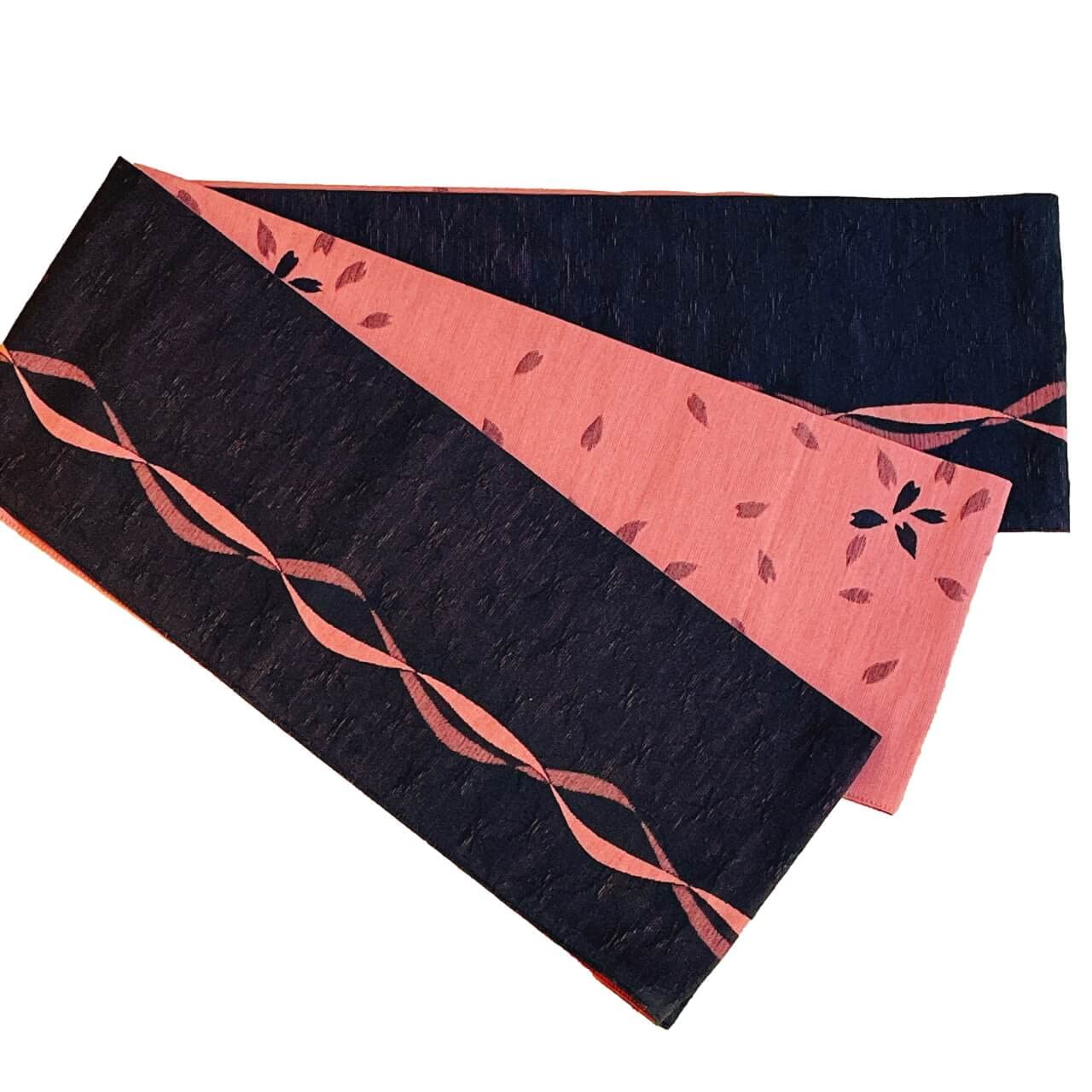 

[Warakugure] Kiryu-ori Reversible Yukata Obi (Cotton Touch Ribbon) Made in Japan (Black Pink)