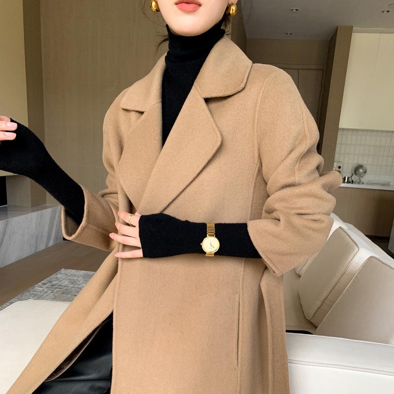Women's Extra Long Wool Double-Faced Overcoat - Autumn/Winter Fashion with Suit Collar