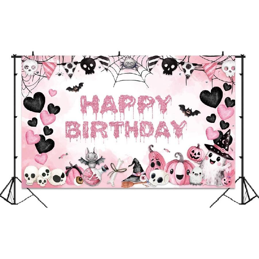 Halloween Birthday Banner Decorations Party Backdrop Pink Heart Skull Garland Sign Background Family Photo for Halloween Birthday Backdrops Theme
