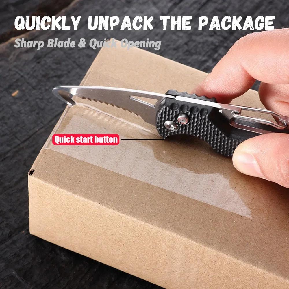 Pocket Folding Knife Portable Express Unpacking Knife with Keychain Serrated Hook Blade Outdoor Multifunctional Survival Tool