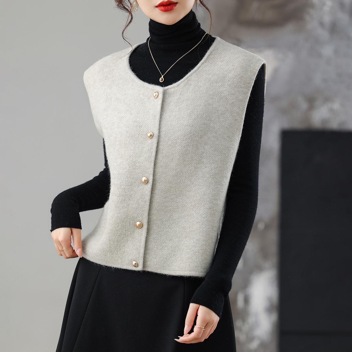 

Женский модный вязаный жилет без рукавов с круглым вырезом: 2025 Весна/Осень Однобортная Теплая Куртка для Многослойности Large