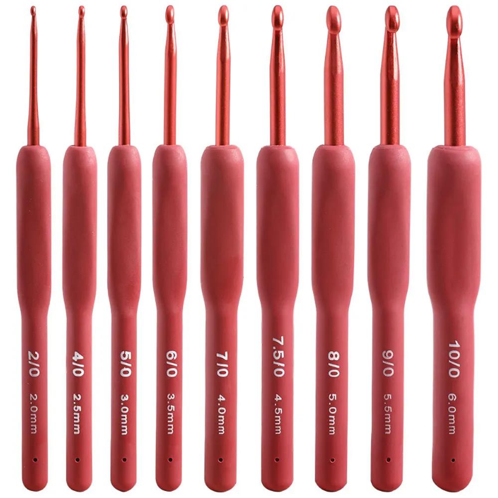 9pcs Red Black Crochet Hooks Needle Silicone Handle Aluminum Crochet Needle Set Needles Sweater Weave DIY Sewing Knitting Tool