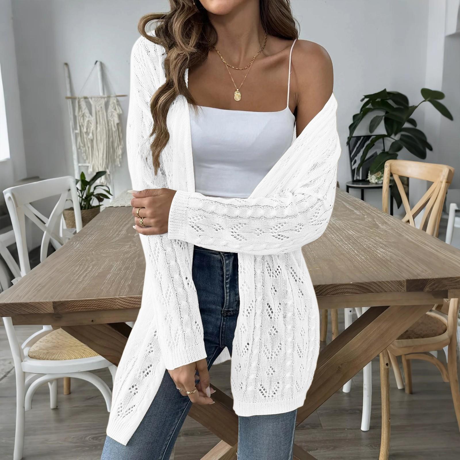 

Женский вязаный кардиган средней длины однотонный с длинным рукавом куртка свитер вязаный свитер One Size белый