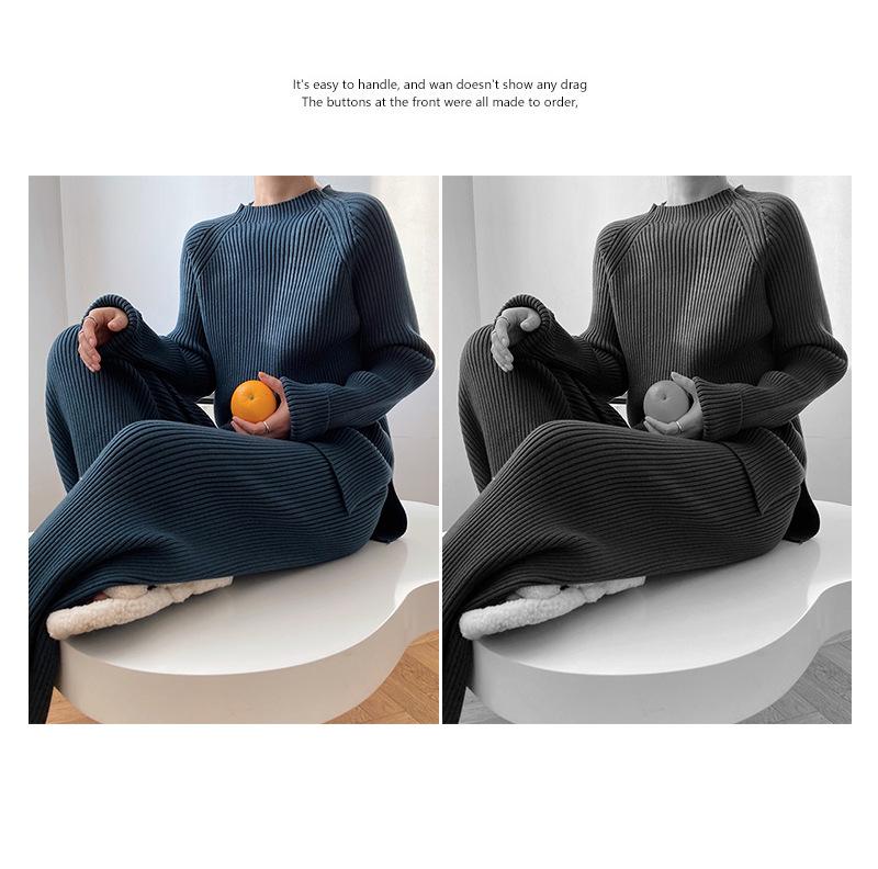 2025 Spring Elegant Solid Color Knit Sweater & Wide-Leg Pants Two-Piece Set for Women