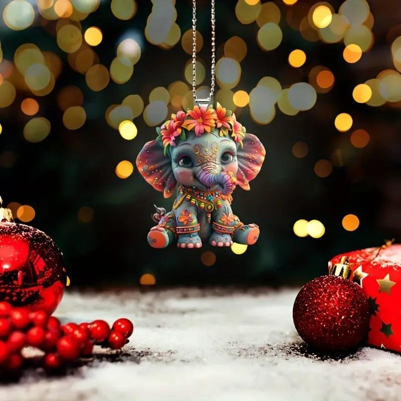Flower Cute Cartoon Elephant Pattern Acrylic Pendant For Car Decor Accessories