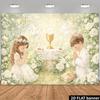 2D Pastel First Communion Backdrop with Praying Kids, Chalice and White Roses