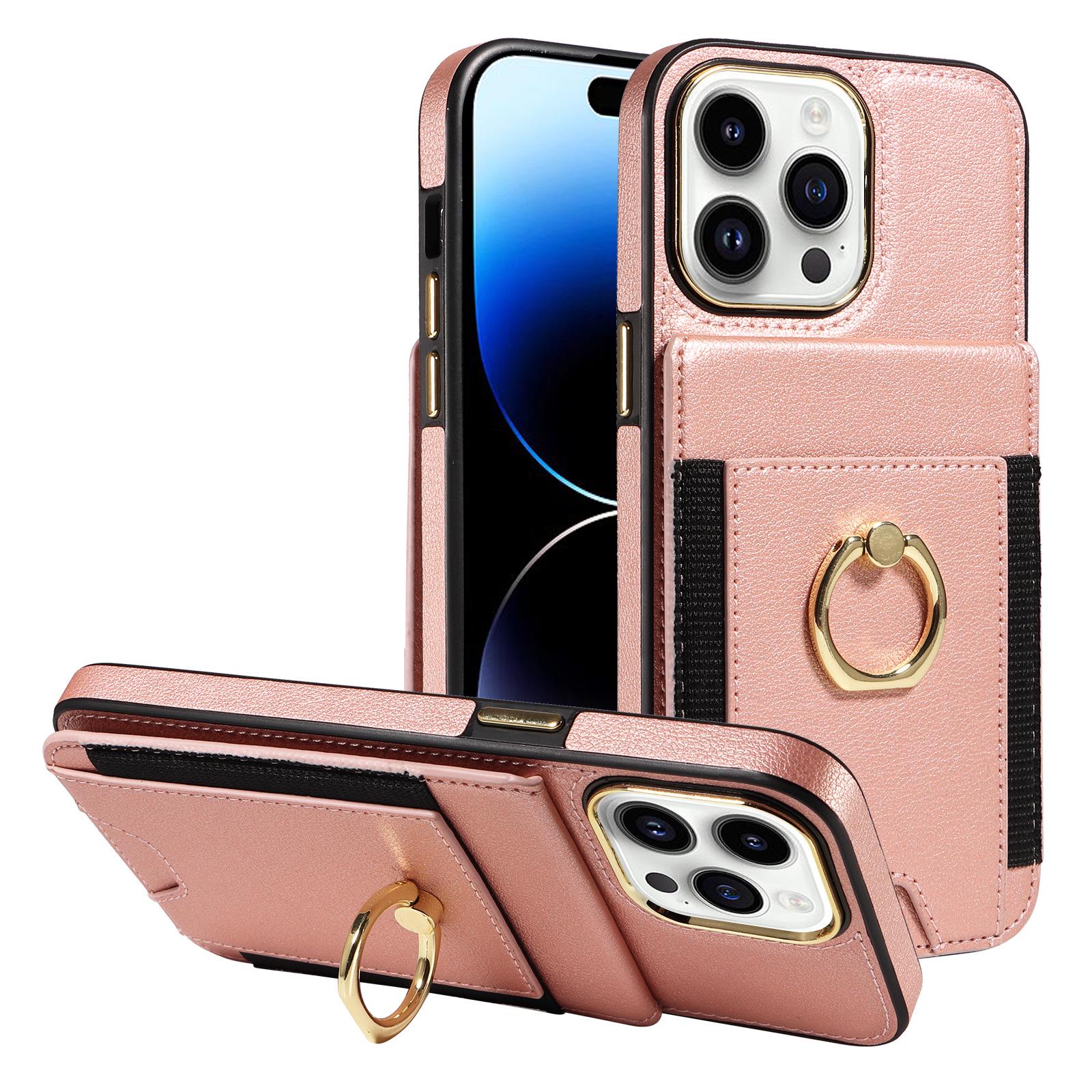 

Задняя крышка из натуральной кожи с отделением для карт для iPhone 13/14/15 Pro Max — защищает и поддерживает ваш телефон iPhone 11 розового золота