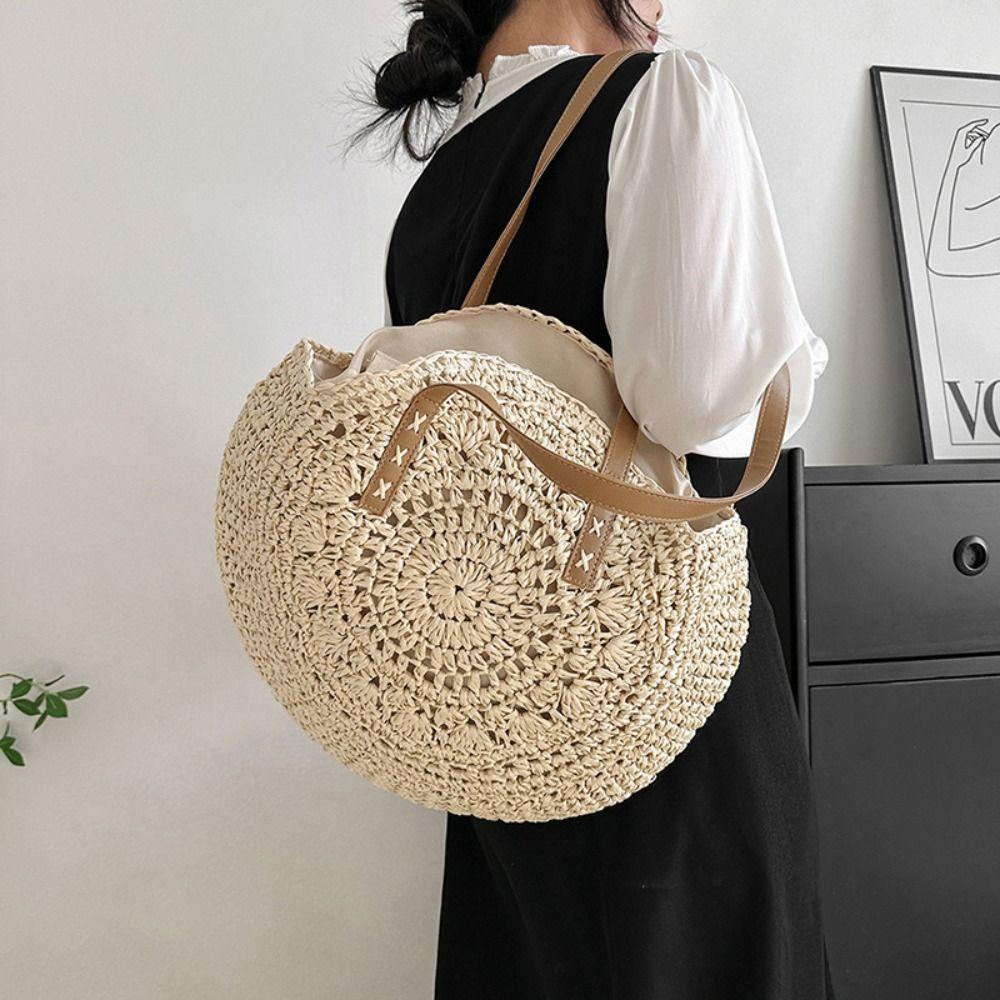 Handmade Straw Weave Bag Round Woven Shoulder Bag New Straw Tote Bag  Vacation