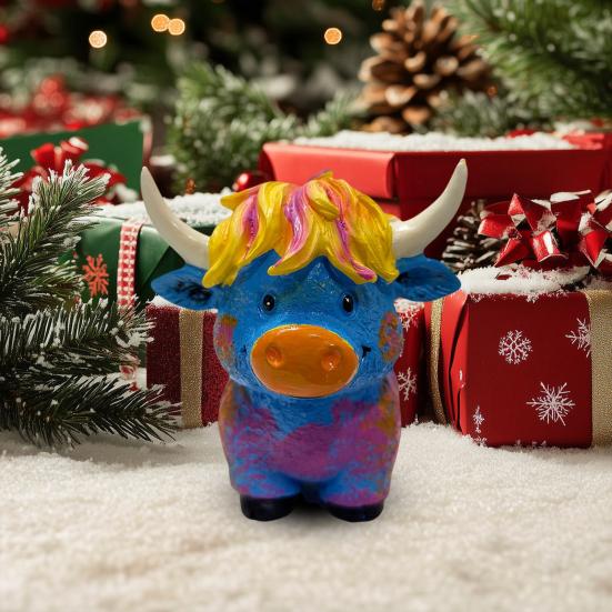 Highland Cow Figurine Resin Multicolor Cow Miniature Ornament Hand-painted Highland Cattle Statue for Farmhouse Home Office Desktop Decor