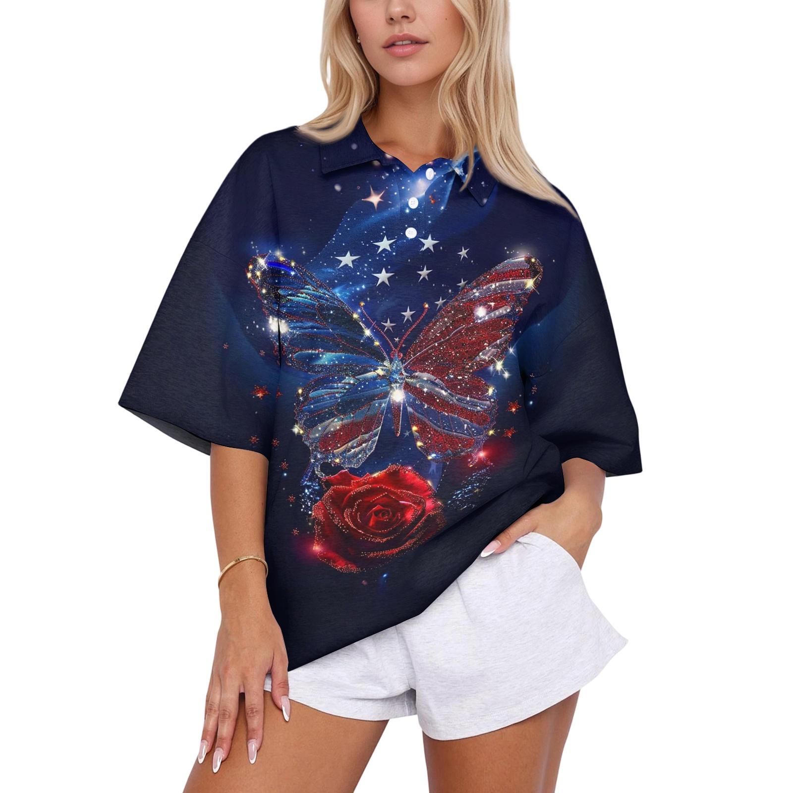 

Women s Casual Polo Shirt Loose Fit Short Sleeve Button Down Top Printed Star Pattern Summer Blouse L чёрный