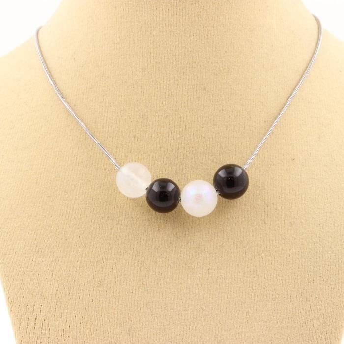 Collier 4 Perles Pierre de lune + Agate noire 8 mm - ABIJOUX - Chaine en acier inoxydable
