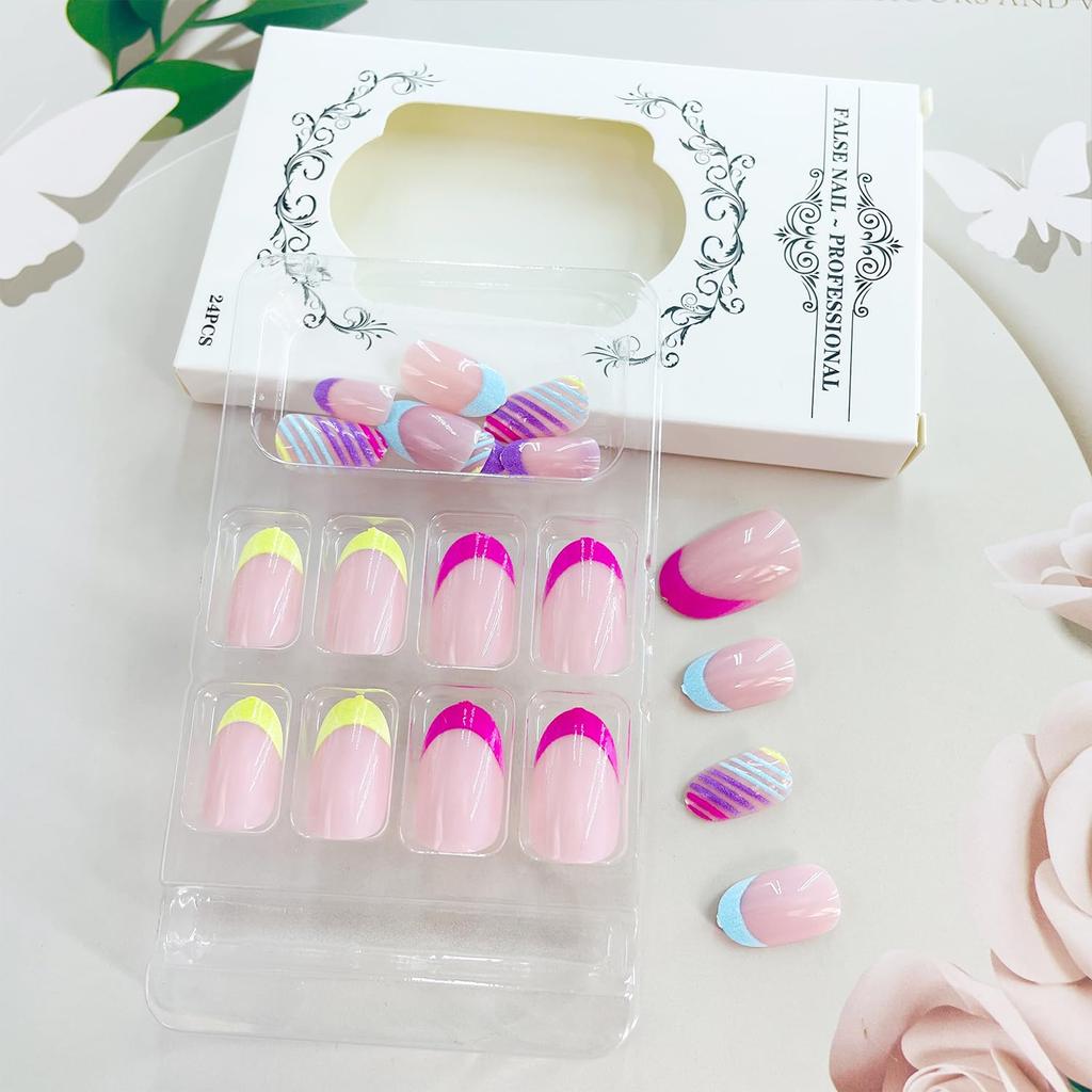 Colorful French Tip Press on Nails Glossy Nude Fake Nails Short Oval Lines Glue on Nails Reusable Acrylic Stick on Nails for Women