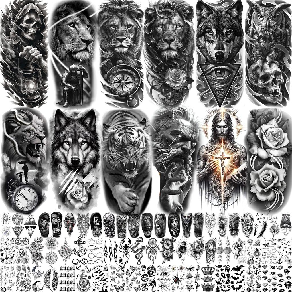 74 Fogli Tatuaggi Temporanei Leone Tigre Lupo Per Uomini Donne Zeus Gesù Tatuaggi Impermeabili Realistici Adesivo Tatuaggio Finto Lunga Durata