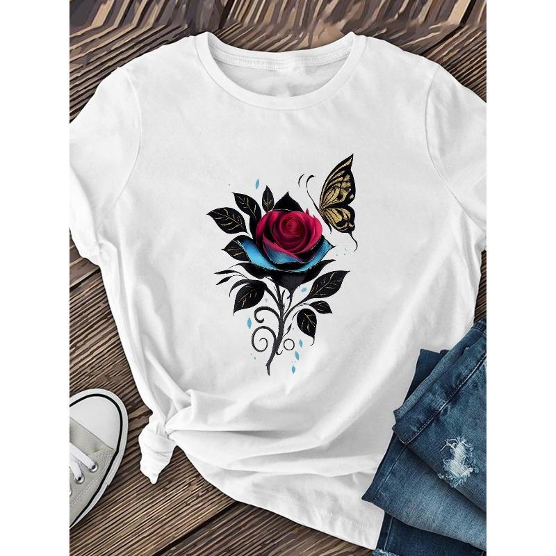 Tailles européennes T-shirt tendance pour femme à col rond | Avec imprimé Rose et Papillon pour la Saint-Valentin, Design minimaliste, Confortable