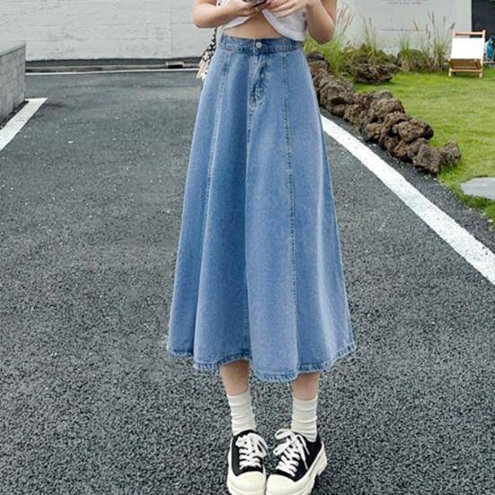 Denim Midi Skirt High Waist Button Zipper Fly A-Line Hem Skirt Solid Color Blue Skirt Office Lady Denim Skirt Daily Wear