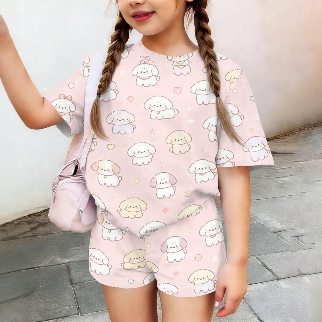 Kids Casual Short Sleeve Top and Shorts Set Animal Print Two Piece Outfit Comfortable Lightweight Soft Fabric Summer Wear