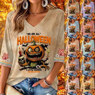 Women's V-Neck Three-Quarter Sleeve Casual Top with Halloween Print