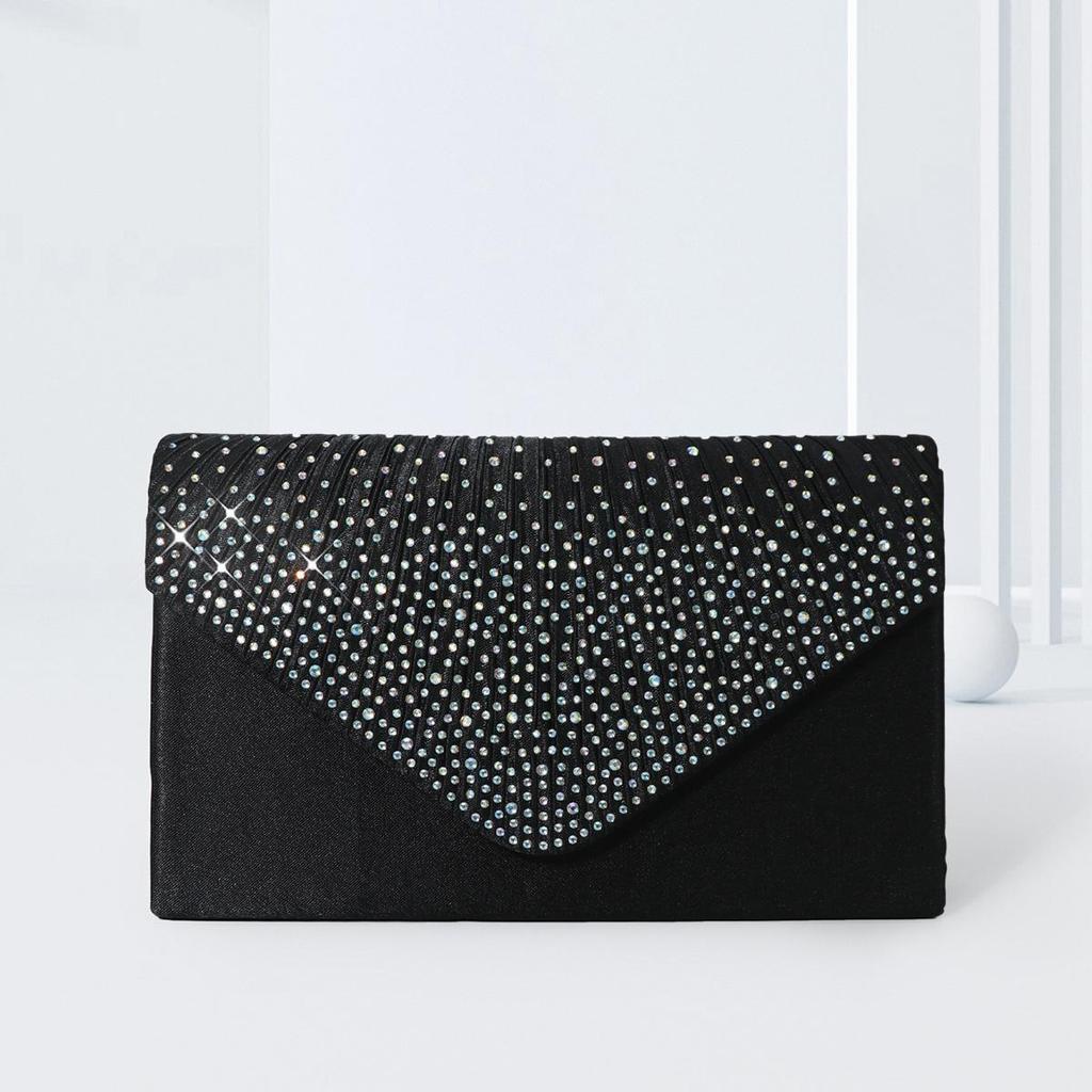 Elegant Women's Japanese Style Black Clutch with Flap & Hot Drilling Design