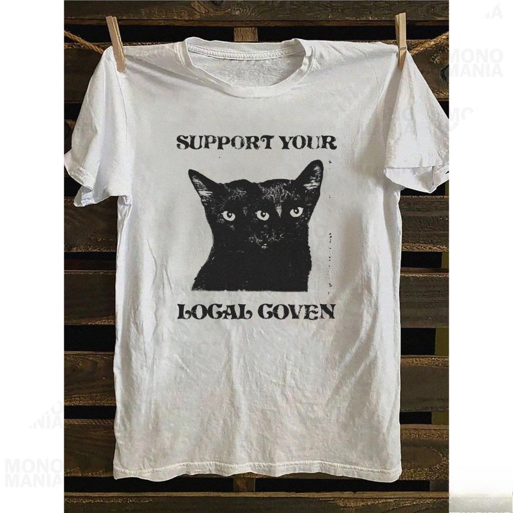 Поддержи свою местную шабашную футболку футболки с черным котом футболки с ведьмами веселые футболки с котами готические эмо панк футболки 80-х 90-х XL