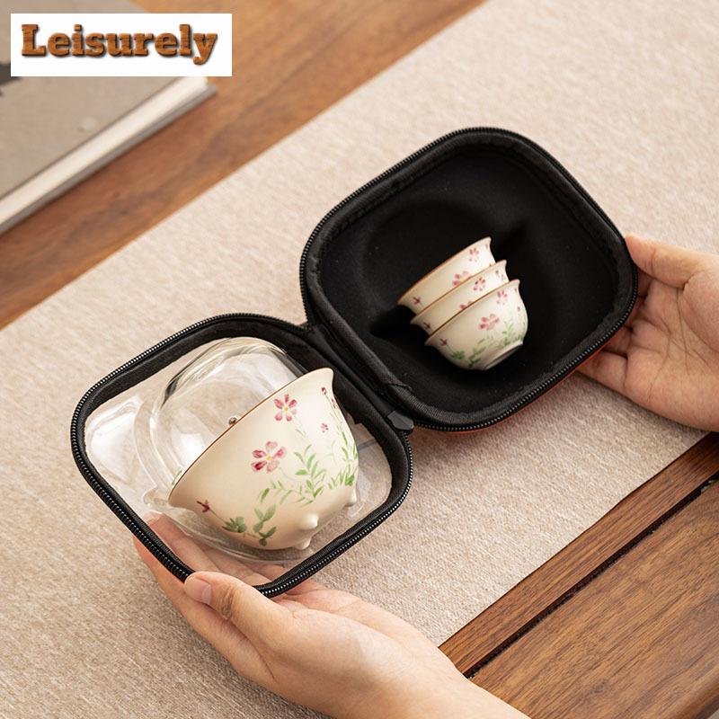 Off-white Hand Painted Flowers Travel Tea Set Kit Retro 1 Bowl 3 Cups Tea Maker Organizer Portable Outdoor Stock Bags Ornaments