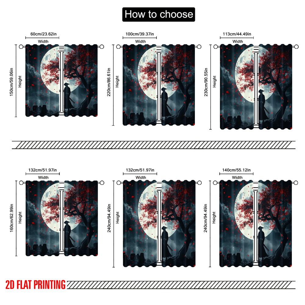 2Pcs,2D Plane Printing Window Curtain Moonlit Samurai Versatile 100% Polyester (Without Rod) Home Decor For Living Room &