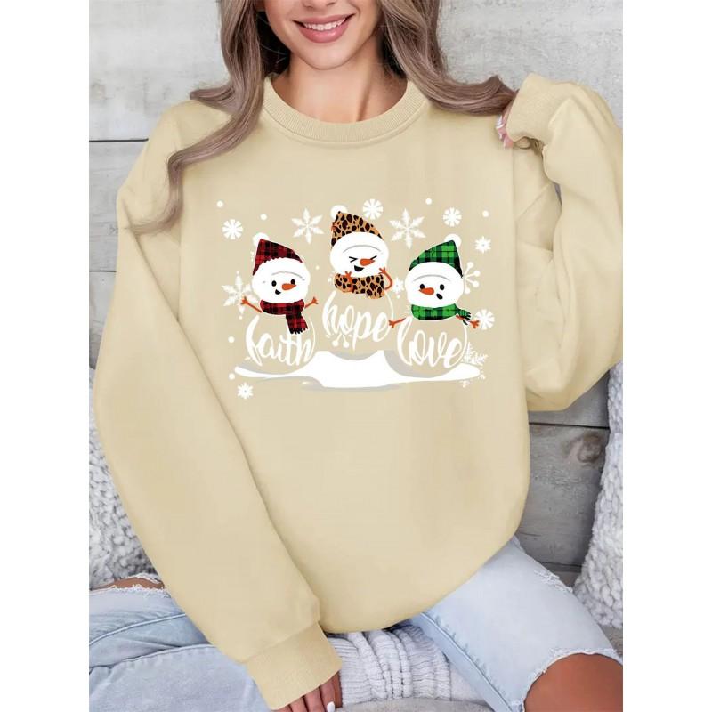 Christmas Snow Print Crew Neck Sweatshirt Women Loose Fit Casual Long Sleeve Top