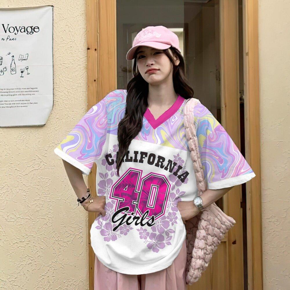 Korean women's T-shirt V-neck short sleeved top with digital pattern printed women's Jersey T-shirt