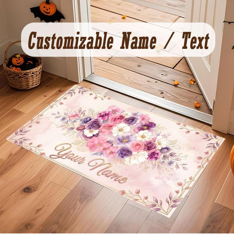 Floral Garden Theme Crystal Velvet Floor Rug Personalized Custom Name Text Warm Carpet Home Decoration