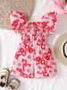 Girls Floral Flutter Sleeve Romper Summer Square Neck Waist Jumpsuit