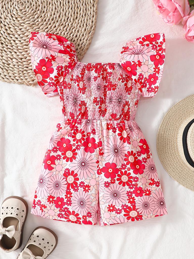 Girls Floral Flutter Sleeve Romper Summer Square Neck Waist Jumpsuit