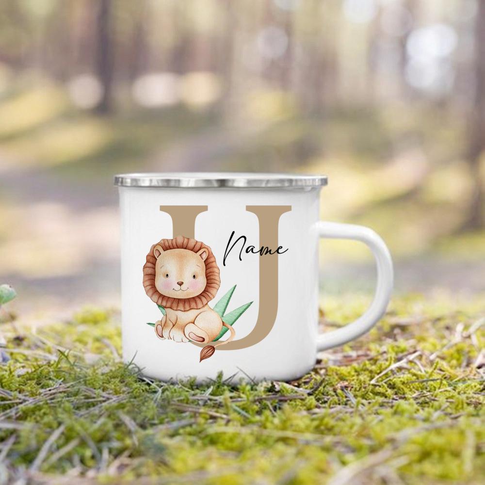 Personalized Mug for Kids Custom Deer Lion Initial with Name Cup for Boys Girls Child Handle Mugs Birthday Festive Gifts for Kid